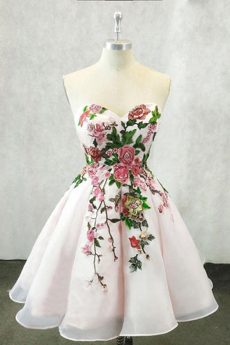 A Line Straps Sweetheart Pink Homecoming Dresses with Floral Print Short Prom Dress RS826