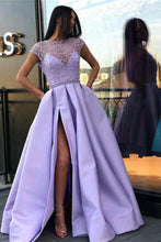 Load image into Gallery viewer, A Line Stunning Satin Beads Cap Sleeves Prom Dresses with High Slit Pockets RS891