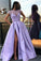 A Line Stunning Satin Beads Cap Sleeves Prom Dresses with High Slit Pockets RS891