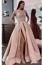 Load image into Gallery viewer, A Line Stunning Satin Beads Cap Sleeves Prom Dresses with High Slit Pockets RS891