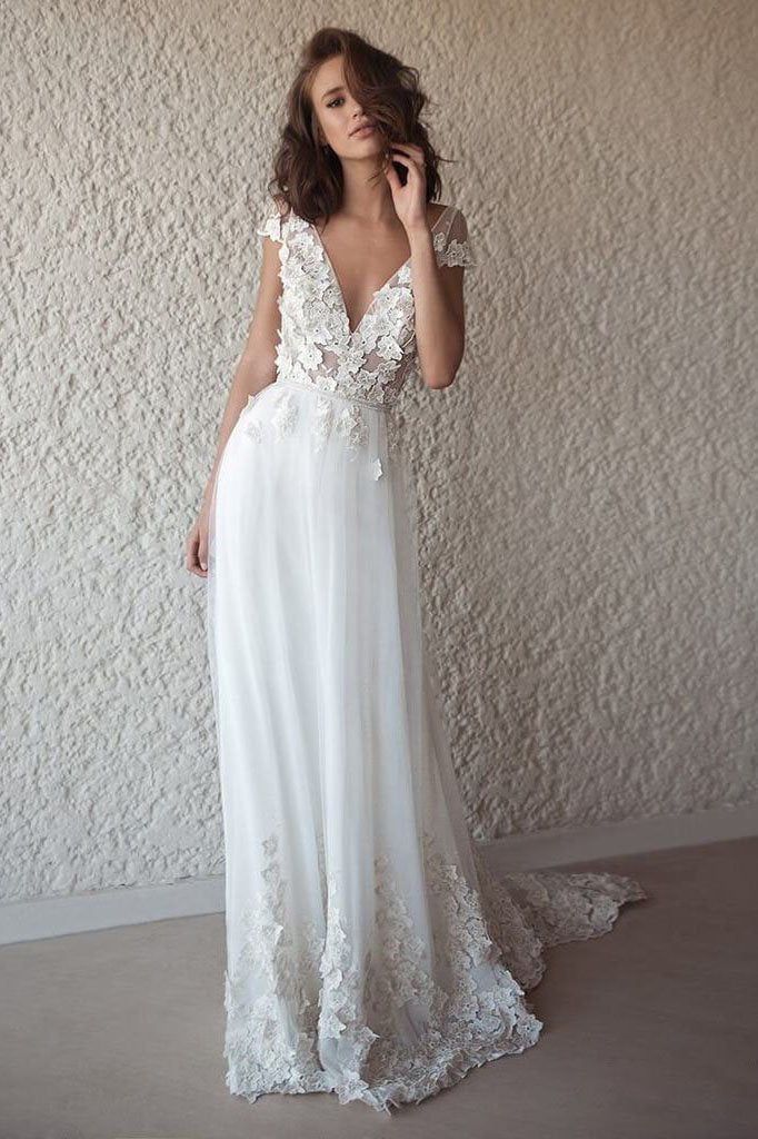 A Line Tulle Lace Appliques Wedding Dresses Short Sleeve Backless V Neck Bridal Dress RS494