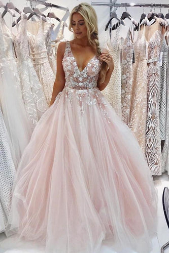 A Line Tulle V Neck Prom Dresses Beads Pink Lace Appliques Backless Evening Dresses RS533