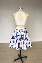 Load image into Gallery viewer, A Line Two Piece Ivory Jewel Floral Print Satin Short Homecoming Dress with Pearls RS818