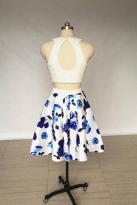 A Line Two Piece Ivory Jewel Floral Print Satin Short Homecoming Dress with Pearls RS818