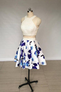 A Line Two Piece Ivory Jewel Floral Print Satin Short Homecoming Dress with Pearls RS818