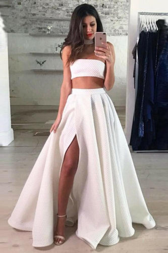 A Line Two Piece Lace White Prom Dresses High Slit Long Cheap Evening Dresses RS670