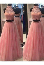 Load image into Gallery viewer, A Line Two Pieces Halter Long Pink Tulle Backless Prom Dress with Beading Lace P1073