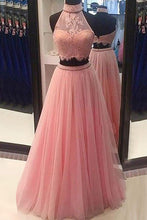 Load image into Gallery viewer, A Line Two Pieces Halter Long Pink Tulle Backless Prom Dress with Beading Lace P1073