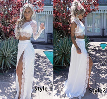 Load image into Gallery viewer, A Line Two Pieces Long Sleeve Prom Dresses Scoop High Slit White Evening Dresses RS665