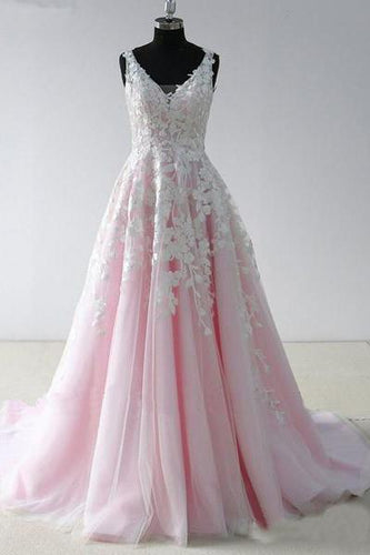 A Line V Neck Lace Appliques Pink Long Prom Dresses Backless Cheap Prom Dresses RS437