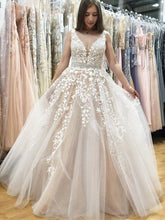 Load image into Gallery viewer, A Line V Neck Long Ivory Lace Appliques Wedding Dresses Beads Tulle Prom Dresses RS598