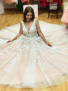 A Line V Neck Long Ivory Lace Appliques Wedding Dresses Beads Tulle Prom Dresses RS598