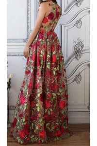 A Line V Neck Red Floral Boho Prom Dress Elegant Long Evening Dresses RS518