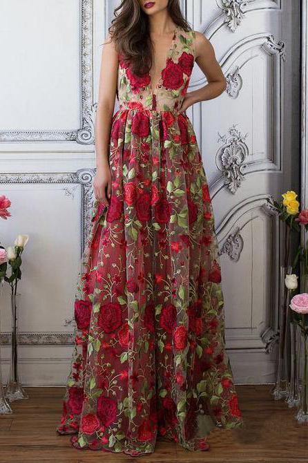 A Line V Neck Red Floral Boho Prom Dress Elegant Long Evening Dresses RS518