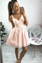 Load image into Gallery viewer, A Line V Neck Short Pearl Pink Lace Appliques Sleeveless Knee Length Homecoming Dress H1015