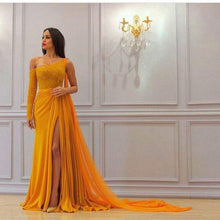 Load image into Gallery viewer, A Line Yellow One Long Sleeve Chiffon Prom Dresses High Slit Formal Dresses RS349