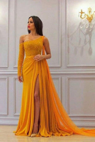 A Line Yellow One Long Sleeve Chiffon Prom Dresses High Slit Formal Dresses RS349