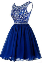 Load image into Gallery viewer, A line Blue Chiffon Scoop Homecoming Dresses with Beads Straps Prom Dresses RS802