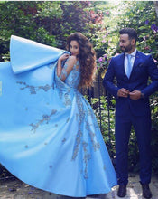 Load image into Gallery viewer, A line Blue Half Sleeve Satin Beads Prom Dresses Sweetheart Lace Appliques Formal Dress RS551