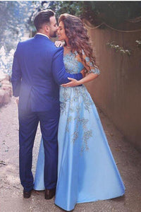 A line Blue Half Sleeve Satin Beads Prom Dresses Sweetheart Lace Appliques Formal Dress RS551