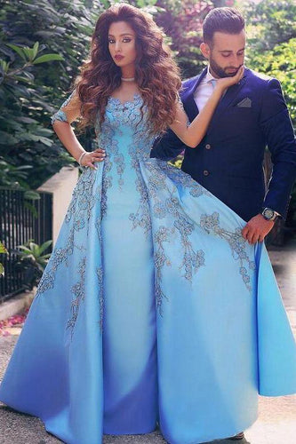 A line Blue Half Sleeve Satin Beads Prom Dresses Sweetheart Lace Appliques Formal Dress RS551