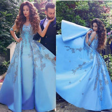Load image into Gallery viewer, A line Blue Half Sleeve Satin Beads Prom Dresses Sweetheart Lace Appliques Formal Dress RS551