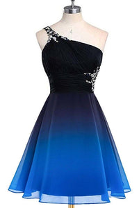 A line Blue One Shoulder Beads Short Prom Dresses Chiffon Homecoming Dresses RS853