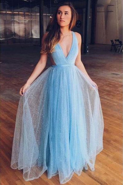 A line Blue Tulle Straps Prom Dresses Floor Length Long Cheap Evening Dresses RS680