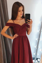 Load image into Gallery viewer, A line Burgundy Cold Shoulder Sweetheart Prom Dresses Satin Long Evening Dresses RS669