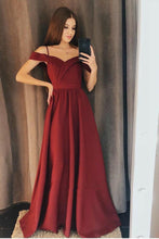 Load image into Gallery viewer, A line Burgundy Cold Shoulder Sweetheart Prom Dresses Satin Long Evening Dresses RS669