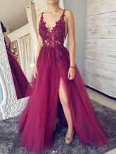 Load image into Gallery viewer, A line Burgundy V Neck Straps Tulle Prom Dresses Beads Lace Appliques Party Dresses RS700