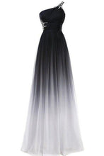 Load image into Gallery viewer, A line Chiffon Black and White One Shoulder Prom Dresses Long Ombre Evening Dresses RS690