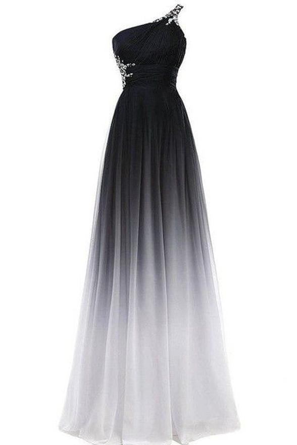 A line Chiffon Black and White One Shoulder Prom Dresses Long Ombre Evening Dresses RS690