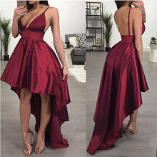 Load image into Gallery viewer, A line Deep V Neck High Low Spaghetti Straps Sleeveless Taffeta Prom Dresses RS358