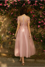 Load image into Gallery viewer, A line Dusty Pink Short Sleeve Bridesmaid Dresses Lace Tulle Prom Dresses RS807
