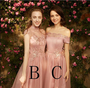A line Dusty Pink Short Sleeve Bridesmaid Dresses Lace Tulle Prom Dresses RS807