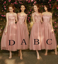 Load image into Gallery viewer, A line Dusty Pink Short Sleeve Bridesmaid Dresses Lace Tulle Prom Dresses RS807