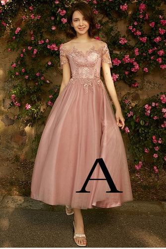 A line Dusty Pink Short Sleeve Bridesmaid Dresses Lace Tulle Prom Dresses RS807