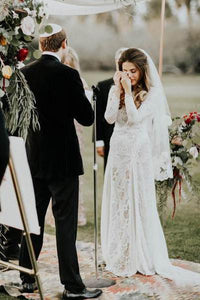A line Ivory Long Sleeve Wedding Dresses Lace High Neck Wedding Gowns RS495