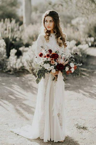 A line Ivory Long Sleeve Wedding Dresses Lace High Neck Wedding Gowns RS495