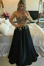 Load image into Gallery viewer, A line Lace Black Puffy Pearls Gold Evening Dresses Long Sleeve Appliques Prom Dresses RS664