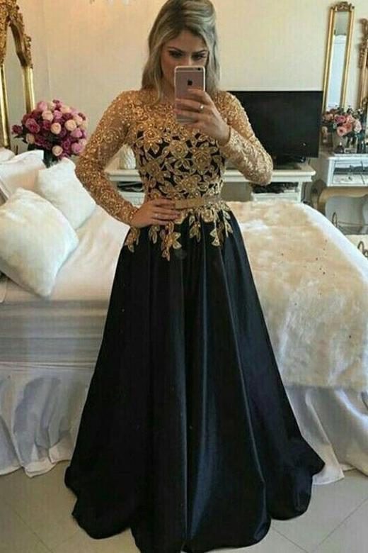 A line Lace Black Puffy Pearls Gold Evening Dresses Long Sleeve Appliques Prom Dresses RS664