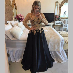 A line Lace Black Puffy Pearls Gold Evening Dresses Long Sleeve Appliques Prom Dresses RS664