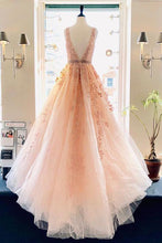 Load image into Gallery viewer, A line Lace V Neck Pink Prom Dresses with Appliques Long Cheap Evening Dresses RS730