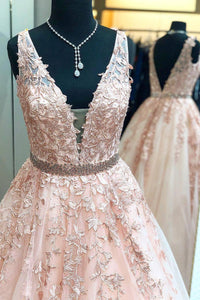 A line Lace V Neck Pink Prom Dresses with Appliques Long Cheap Evening Dresses RS730