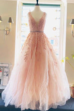 Load image into Gallery viewer, A line Lace V Neck Pink Prom Dresses with Appliques Long Cheap Evening Dresses RS730