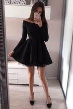 Load image into Gallery viewer, A line Long Sleeve Black Satin Short Prom Dresses Above Knee Cocktail Dresses RS659