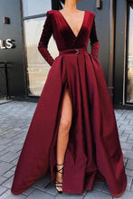 Load image into Gallery viewer, A line Long Sleeve Burgundy Prom Dresses Satin Deep V Neck High Slit Evening Dress RS650