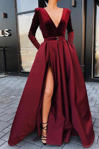 A line Long Sleeve Burgundy Prom Dresses Satin Deep V Neck High Slit Evening Dress RS650