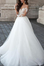 Load image into Gallery viewer, A line Long Sleeve Tulle White Lace Appliques Wedding Dresses Long Wedding Gowns RS561